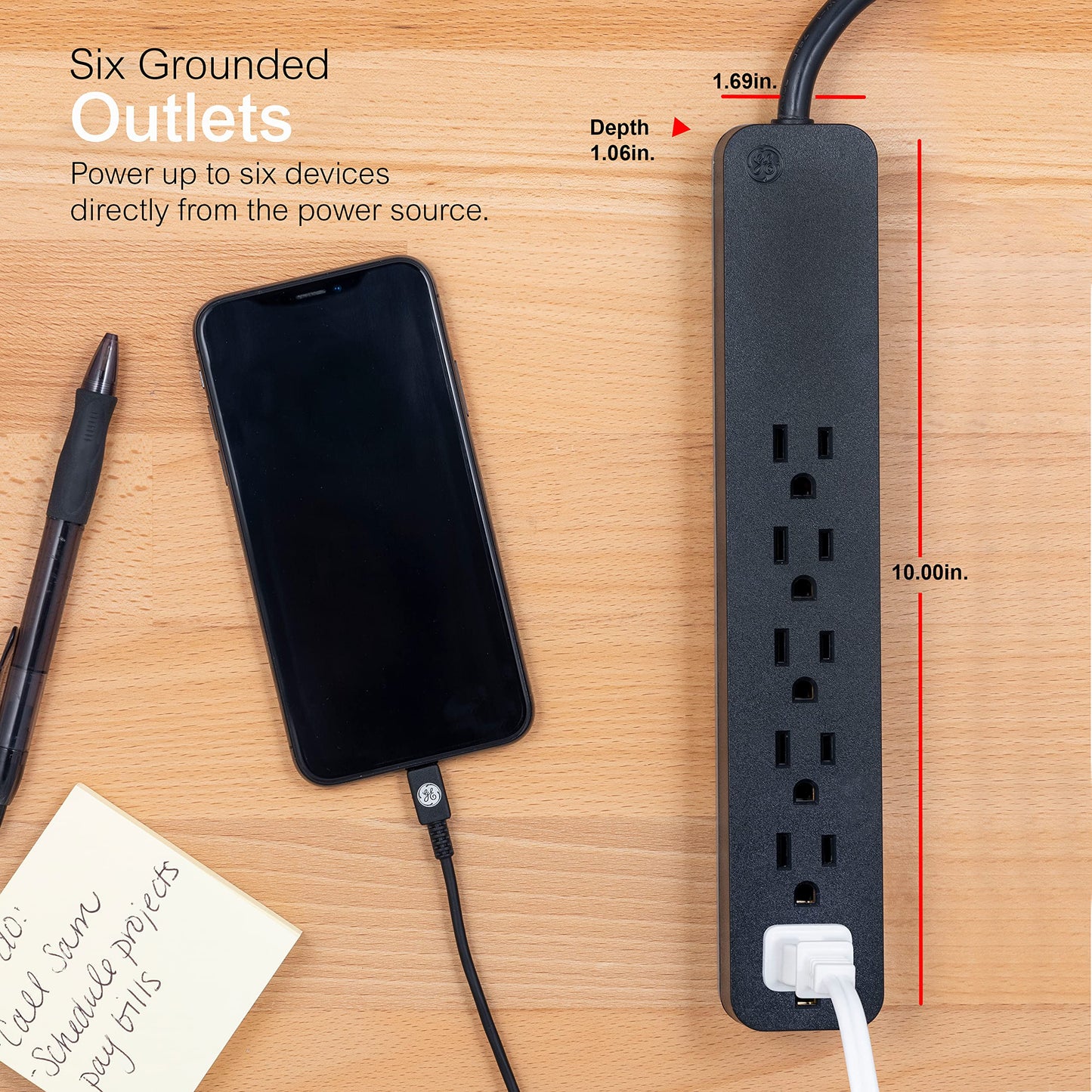GE Pro 6 Outlet Surge Protector, 2 Ft Long Extension Cord, Power Strip, Flat Plug, Wall Mount, Black, 45170