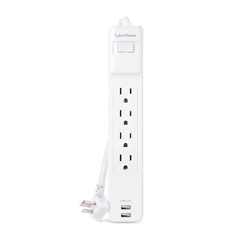 CyberPower P406U Surge Protector, 500J/125V, 15A, 4 Outlets, 2 USB-A Charging Ports, 6 Foot Cord, White, UL Listed