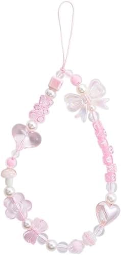 Dwuww Pink Acrylic Beaded Mobile Phone Straps Anti-Lost Hand Strap Pendant Hanging Rope Phone Wrist Hand Lanyard Home Cell Charms Cell Charms Button