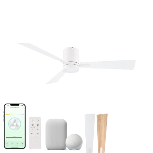 Bali 42in 3-Blade Smart Indoor or Outdoor Flush Mount Ceiling Fan 2700K-6000K CCT Tunable Range LED Light Kit in Matte White with Reversible White