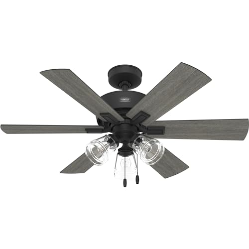 Hunter Fan 44 Inch Matte Black Ceiling Fan with Light, Reversible and WhisperWind motor, Modern Ceiling Fan with 6 Blades for Bedroom, Living Room
