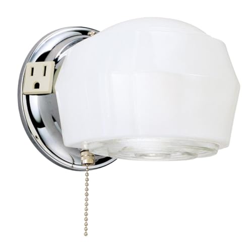 One-Light Classic Wall Fixture with Ground Convenience Outlet and Pull Chain, Chrome Finish Base with White and Crystal Glass