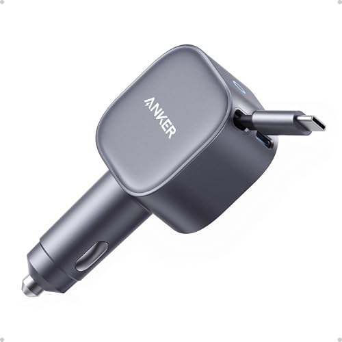 Anker Retractable USB-C Car Charger, 75W Max Fast Charging with Built-in Retractable Cable Car Adapter, Car Accessories for iPhone 17/16 Series