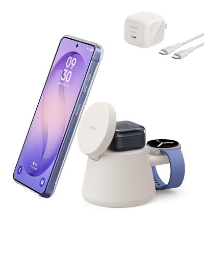 Belkin Qi2.2 25W Magnetic Wireless Charging Station, 3-in-1 Samsung Charger