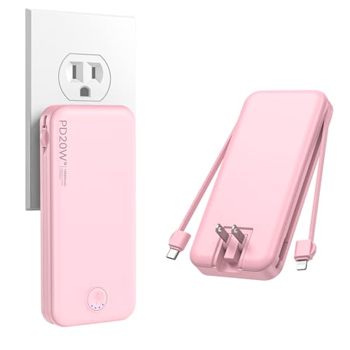 Nusyddy Portable Charger, 10000mAh PD20W Fast Charging Power Bank with Built-in Cables & Wall Plug, Travel Essentials External Battery Pack, USB C