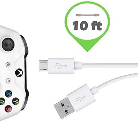 ienza Replacement Long (10-Ft) Micro USB Charge Cable Wire for Xbox One and PlayStation PS4 Controller (White)