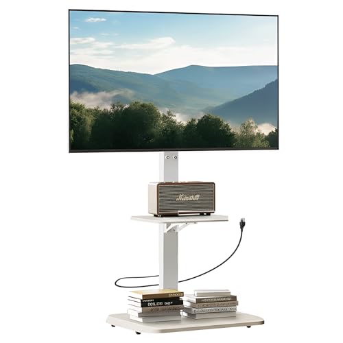 Perlegear Floor TV Stand with Power Outlet, Universal TV Stand for 32-75 inch TVs up to 110 lbs, Tall TV Mount for Bedroom with Shelf, Wood Base