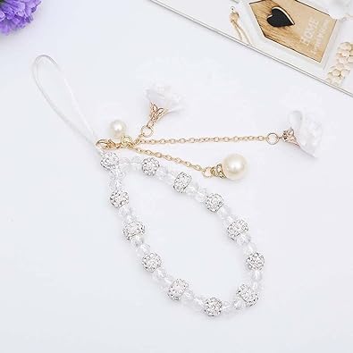 JJLFresheners White Mobile Phone Lanyard Universal Phone Chain,Pearl Beaded Lanyard Wrist Strap Anti Lost Charm Strap Fashion Case Keychain Wallet
