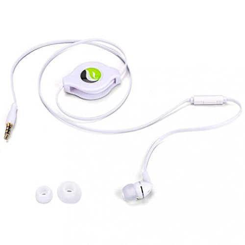 Premium Retractable Headset Mono Hands-Free Earphone Mic Single Earbud Headphone Earpiece in-Ear Wired [3.5mm] White for Verizon Samsung Galaxy J3…