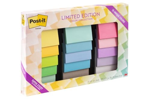 Post-it Super Sticky Notes, 3 x 3 in, Assorted Brights, 15 Pads