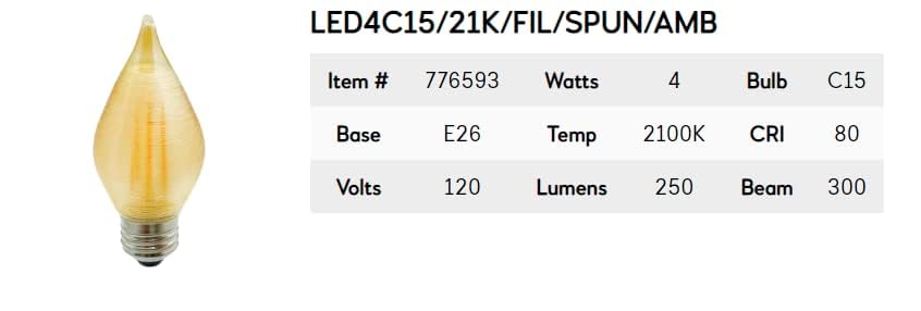 Bulbrite Item 776593 LED Filament Bulb, 2100K, Fully Compatible Dimming, Bulb Type C15, 4 Watts, Bulb Base E26, 250 Lumens, 120V, CRI 80, Amber Light