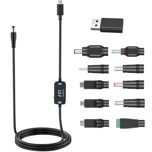 FARSENSE USB C to DC Adapter,Barrel PD Trigger Cable(3.3ft) with 10 Connector Tips,USB to DC Power Cable can Switch Voltage by Pressing The