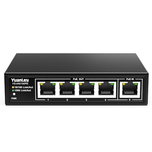 YuanLey 5 Port PoE Extender Gigabit with 4 PoE Out, 90W in, IEEE 802.3af/at/bt Mini 5 Channel Switch1000Mbps, Metal Casing, 6KV Lightning Protection