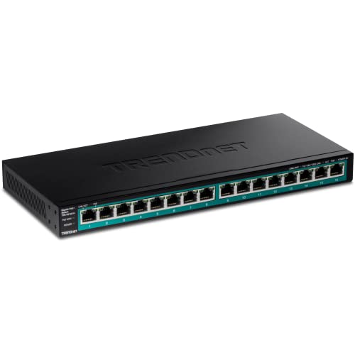 TRENDnet 16-Port Gigabit PoE+ Switch, 16 x Gigabit PoE+ Ports, Up to 30W Per Port, 1U 19” Rackmount Brackets Included, Fanless, Lifetime Protection