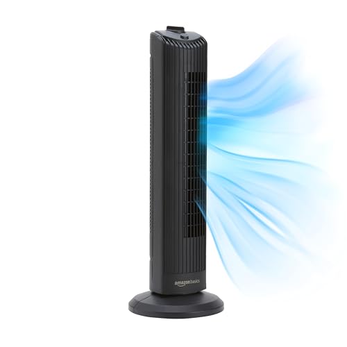 Amazon Basics 28" 60-Degree Oscillating Tower Fan with Powerful Airflow for Bedroom, Living Room, Office, 3 Speeds, Mechanical Control, Air