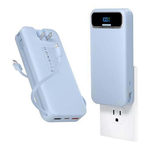 aonidi Portable Charger 20000mAh with Built-in Cables&AC Wall Plug, Blue
