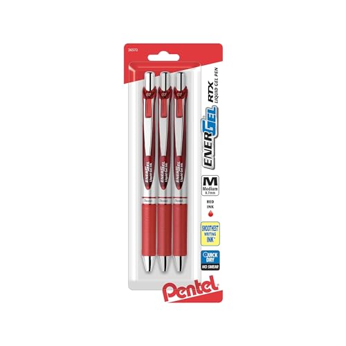 Pentel EnerGel RTX Retractable Liquid Gel Pen (0.7mm), Medium Line, Metal Tip, Red Ink, Pack of 3 (BL77BP3B)