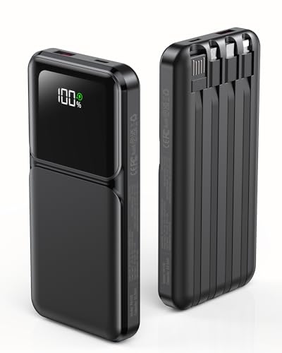 RONEGN Portable Charger with Built in Cable - Power Bank Fast Charging USB C LED Display 10000mah Battery Pack 5 Outputs & 3 Inputs for Travel