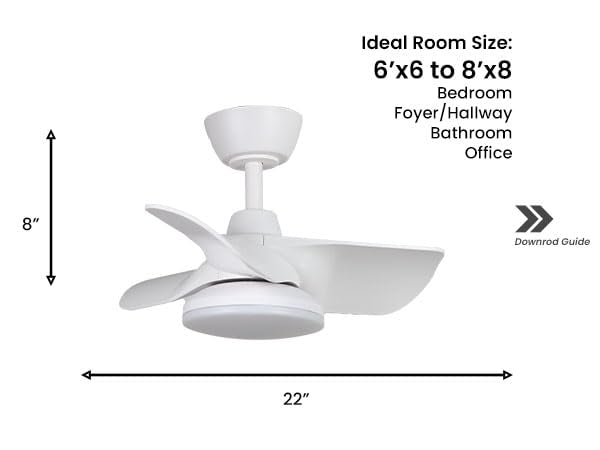 kathy ireland HOME 22" Plumier Ceiling Fan, Indoor Small Room Fan with Downrod, Compact Modern Design, Matte White (KICF58320)