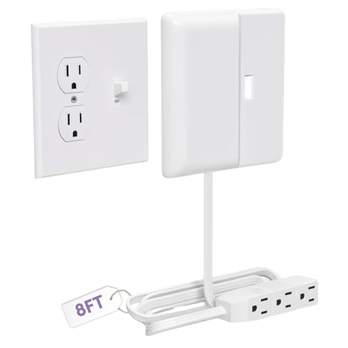 Sleek Socket Outlet & Plug Concealer for Wall Outlet with Cord Concealer Kit, 8-Foot Flat Extension Cord with Multiple Outlets Power Strip, Ideal