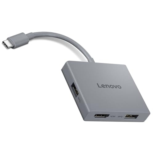 Lenovo USB-C 4 in 1 Travel Hub Block with Integrated Cable, 1x HDMI 4K @ 60Hz, 2X USB-A 3.2, 1x 3.5mm Combo, Luna Grey - Portable, Compact, High-Speed