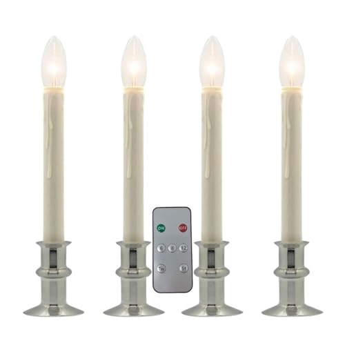Celestial Lights Battery Operated Traditional Adjustable Window Candles - with Remote - Set of 4 (Brushed Nickel)