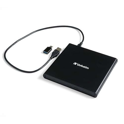 Verbatim External Slimline CD/DVD Writer, USB 2.0, M-DISC, USB-C Adapter
