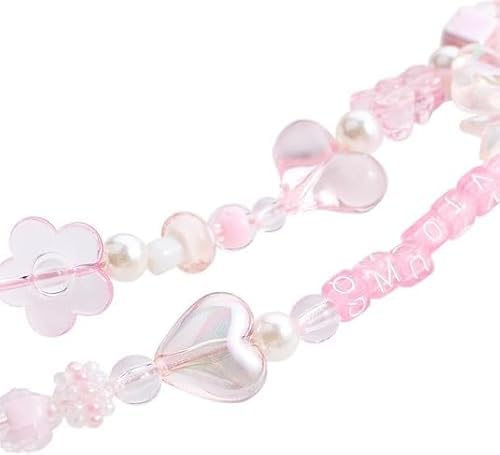 Dwuww Pink Acrylic Beaded Mobile Phone Straps Anti-Lost Hand Strap Pendant Hanging Rope Phone Wrist Hand Lanyard Home Cell Charms Cell Charms Button