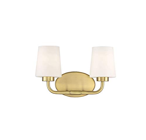 Savoy House 8-4090-2-322 Capra Mid-Century Modern White Opal Glass Bathroom Vanity Wall Light, 2-Light 120 Total Watts, 9" H x 15" W, Warm Brass
