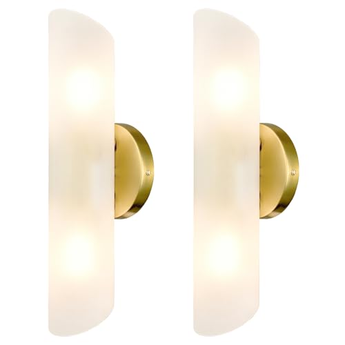 DAYCENT Modern Brass Wall Sconces Set of Two Frosted Glass Wall Light Fixture 2-Light Cylinder Bathroom Vanity Lights Gold Glass Sconces Wall Lighting