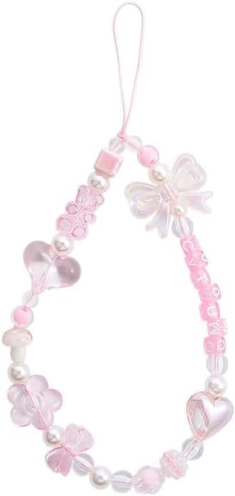 WsjiaboFux Pink Acrylic Beaded Mobile Phone Straps Anti-Lost Hand Strap Pendant Hanging Rope Phone Wrist Hand Lanyard Home Cell Phone Charms Button