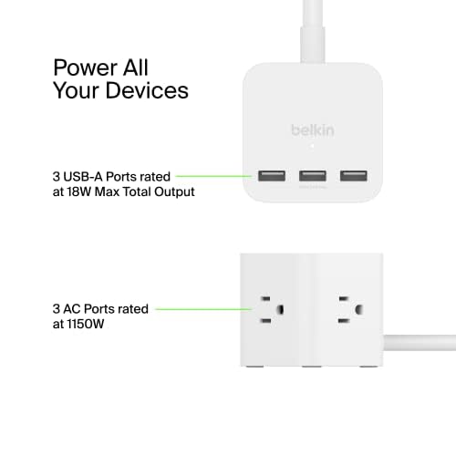 Belkin 6-Outlet Power Cube w/ 3 AC Outlets, 3 USB-A Ports, & 5ft Sturdy Extension Cord - Convenient Compact Cube for Home, Office, Travel, Desktop,