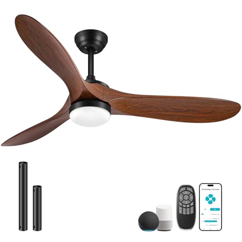 Baotree 52" Smart Low Profile Ceiling Fans with Lights and Remote, Flush Mount Ceiling Fan Control with WIFI/APP/Alexa/Google, Outdoor Indoor Walnut