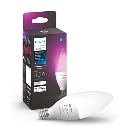 Philips Hue Smart 40W B39 Candle-Shaped LED Bulb - White and Color Ambiance Color-Changing Light - 1 Pack - 450LM - E12 - Control with Hue App - Works
