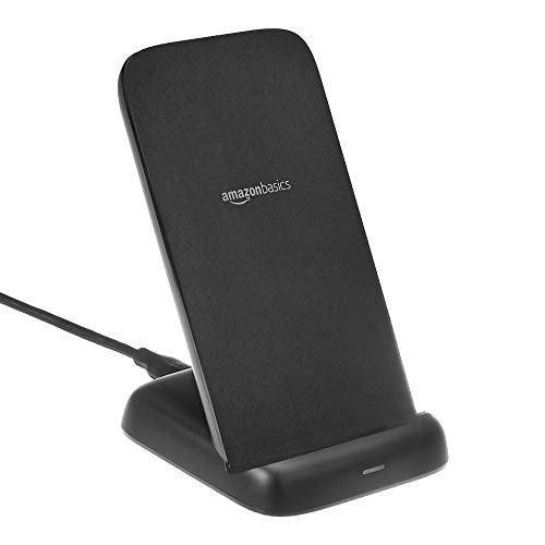 Amazon Basics Wireless Phone Charger Stand, 10W Qi Certified with USB Cable, Compatible with iPhone 16/15/14/13/12/11/X, Samsung & More, with USB
