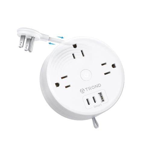 TROND Travel Power Strip - Retractable Extension Cord 5ft Ultra Thin Flat Plug, Retractable Power Strip with 3 AC Outlets 3 USB Ports (2 USB C)