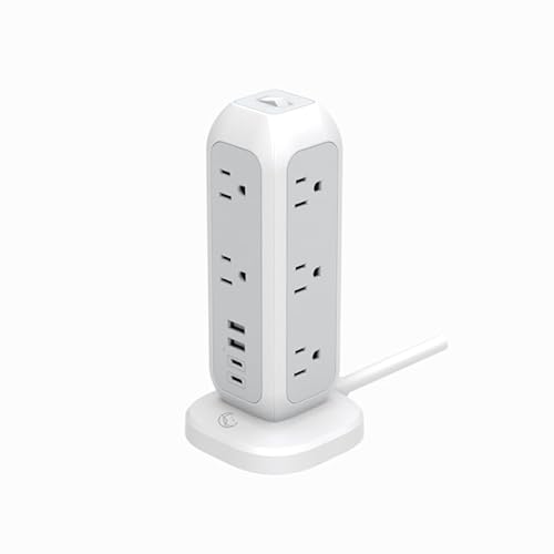 [White Lunar] Power Strip Tower with Surge Protector - 11 AC Outlets, 4 USB Ports (2 USB-A & 2 USB-C), 6ft Heavy-Duty Flat Plug Extension Cord