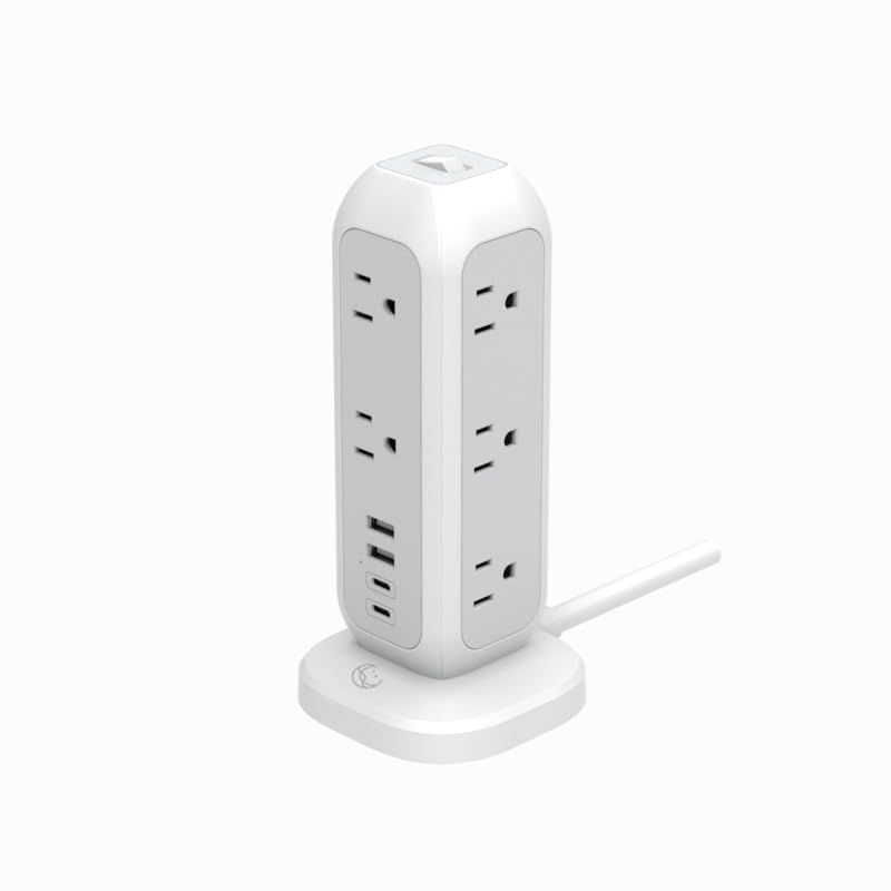 [White Lunar] Power Strip Tower with Surge Protector - 11 AC Outlets, 4 USB Ports (2 USB-A & 2 USB-C), 6ft Heavy-Duty Flat Plug Extension Cord