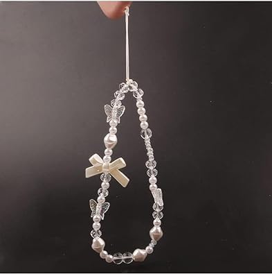 Fansoftiks White Butterfly Beaded Phone Lanyard Wrist Strap Anti Lost Decorative Pendant for Women Girls