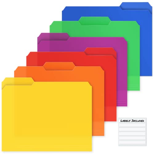 Dunwell Plastic Colored File Folders (12 Pack), 1/3 Tab Filing Folders for 8.5x11 Letter Size Documents, Assorted Colors, Acid-Free Poly, Includes