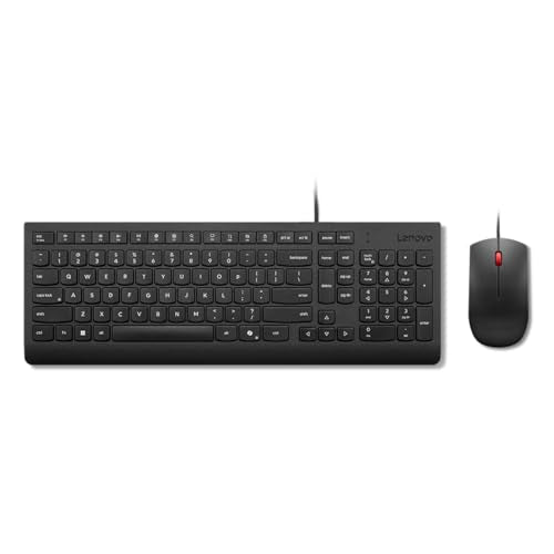 Lenovo Essential Wired Keyboard & Mouse Combo - US English, Adjustable Feet, Spill Resistant Keys, Full Size Ambidextrous Optical Mouse, 1600 DPI