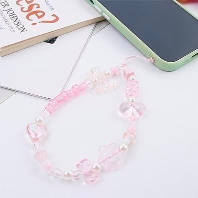 Yxinjy Mobile Phone Chain Strap Cute Bow Heart Head Star Flower Heart Beaded Phone Case Charm Beaded Mobile Lanyard Wrist Strap Pink Anti-Lost String