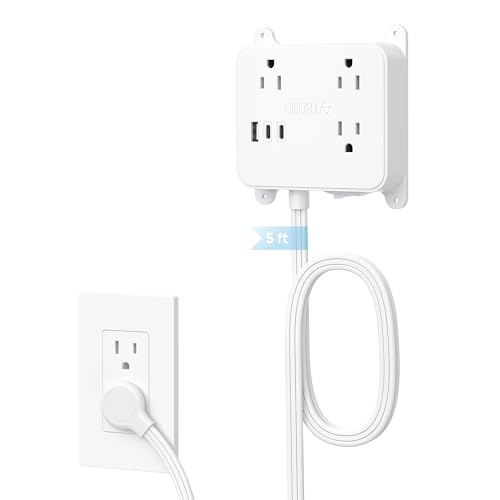 TROND Flat Plug Power Strip, 5FT Ultra Thin Flat Extension Cord with 3 AC Outlets, Wall Mount USB Plug Behind TV, Wall Outlet to Hide in Drawer