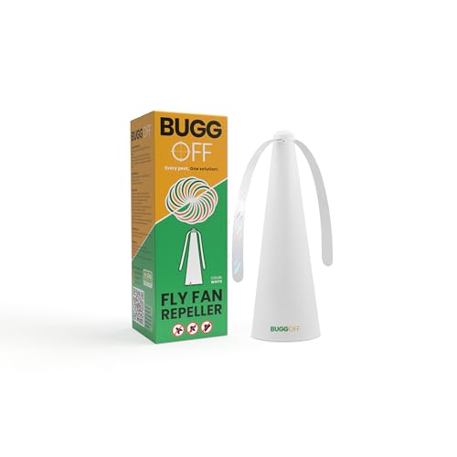 BUGGOFF White Fly & Flying Insect Repellent Fan with Twin Blades, Table top & Hangable, Battery Powered or 5V Plug in, Batteries NOT Included. Safe