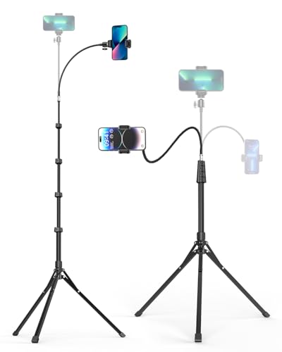 Aureday Phone Tripod, 92" Cell Phone Stand with 15" Gooseneck, Remote and Phone Holder, Overhead & Selfie Stick for Recording/Watching/Vlog
