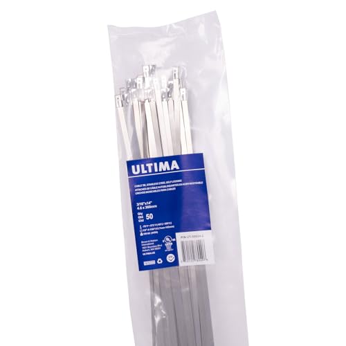 Ultima UT-56824-2 Stainless Steel Self Locking Cable Ties, Multi-Purpose Organizer for Bundling and Securing Cables Cords or Wires, 3/16" x 14", 50
