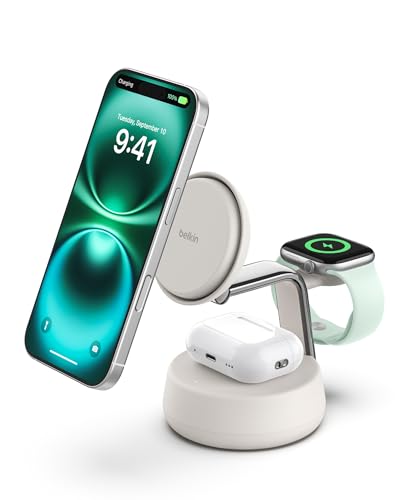 Belkin MagSafe Charger Compatible, 3-in-1 Charging Station, Qi2.2 25W w/Cooling Fan (On/Off Control) Magnetic Wireless Charger for iPhone 17, Apple