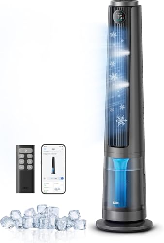 DREO TurboCool Misting Fan 765S, 10°F Cooling, 34ft/s Fast Standing Fan, Tower Fans that Blow Cold Air, 20 dB Quiet DC Motor, 6L Tank, 90° Smart