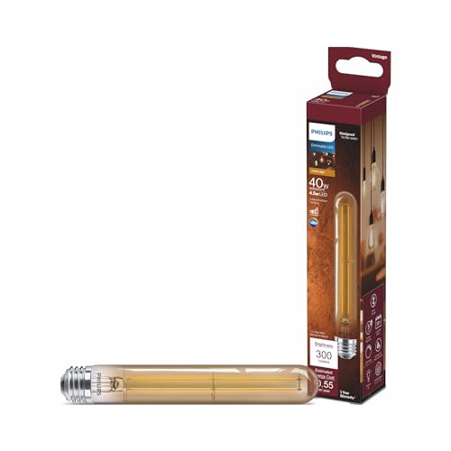 Philips LED Vintage Dimmable T10 Light Bulb - EyeComfort Flicker Free - 4.5W = 40W - 300 Lumen - Amber (2000K) - E26 Base - Indoor -Title 20