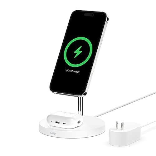 Belkin MagSafe 2-in-1 Wireless Charging Stand for Apple iPhone 17, iPhone 16, iPhone 15, iPhone 14 Series & AirPods - MagSafe Fast Charging Station